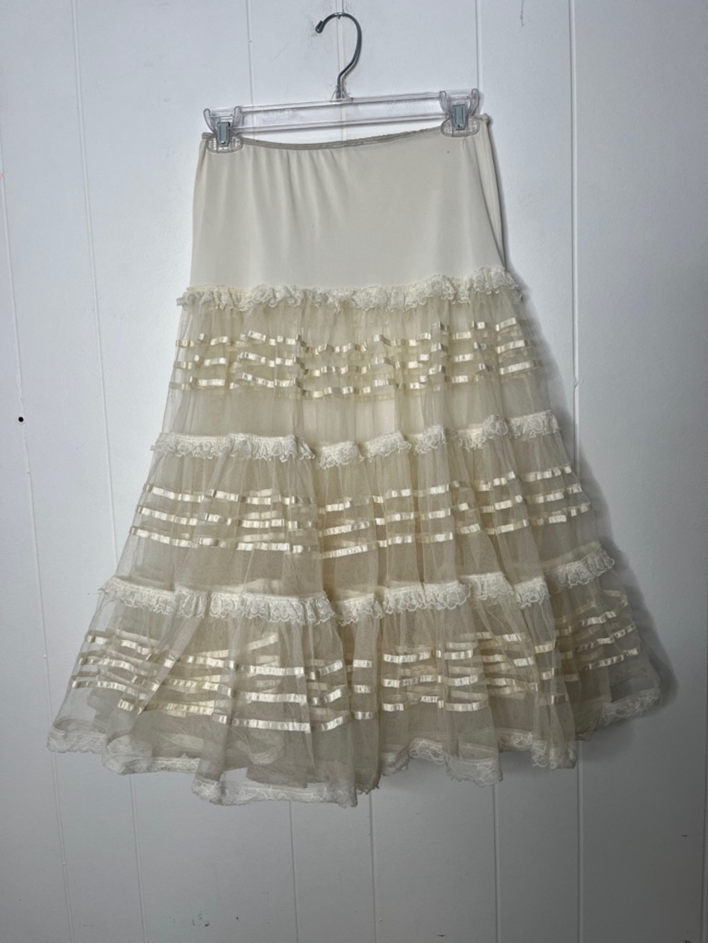 Vintage Cream Tiered Lace & Ribbon Midi Skirt Full Petticoat Coquette Size S
